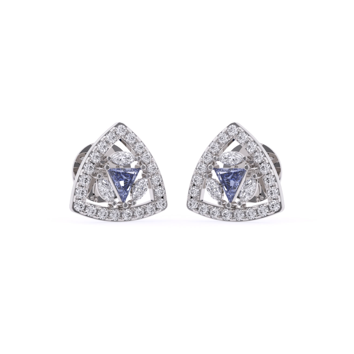 Halo Triangle Diamond Stud Earrings with Mixed Diamond Shapes